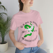 Load image into Gallery viewer, Matthew 10:16 "Wise As Serpents, Innocent As Doves" Adult Unisex Jersey Short Sleeve Tee
