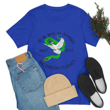 Load image into Gallery viewer, Matthew 10:16 "Wise As Serpents, Innocent As Doves" Adult Unisex Jersey Short Sleeve Tee