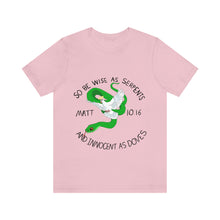Load image into Gallery viewer, Matthew 10:16 "Wise As Serpents, Innocent As Doves" Adult Unisex Jersey Short Sleeve Tee